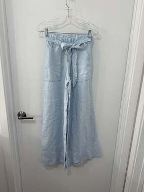OndadeMar Women's Light Blue Paperbag Waist Tie-Front Wide-Leg Linen Pants